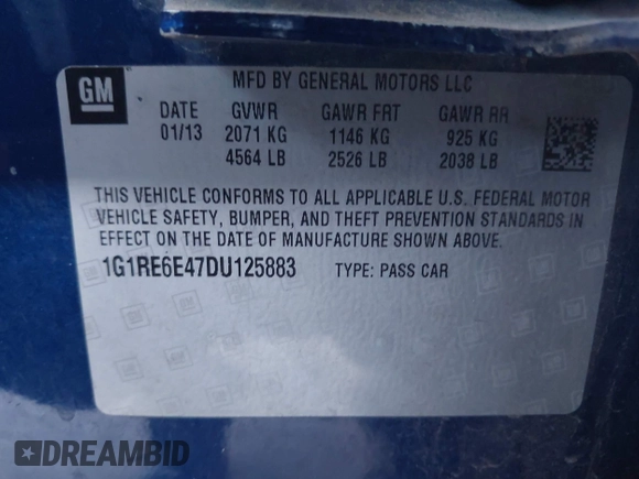 2013 Chevrolet Volt with VIN 1G1RE6E47DU125883, listed as a IAAI auction lot 42149747 with 184,702 mi miles and . Bid and sale history available at carsss.com. Image 9.