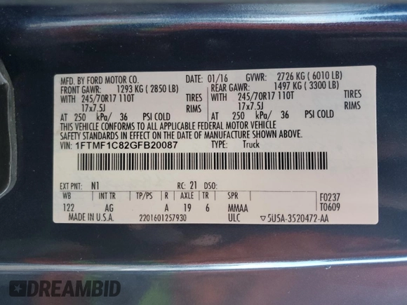 2016 Ford F-150 XL с VIN 1FTMF1C82GFB20087, выставлен на аукционе Copart как лот 42754595 с пробегом 179 867 миль миль и Списание • Salvage title. История ставок и продаж доступна на DreamBid. Изображение 12.