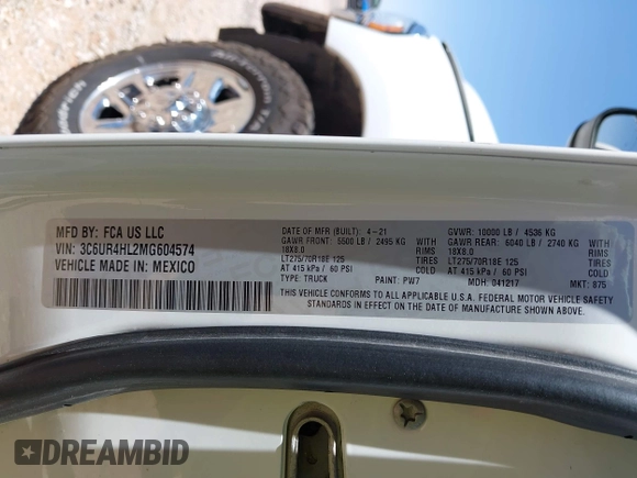2021 Ram 2500 Tradesman with VIN 3C6UR4HL2MG604574, listed as a IAAI auction lot 42356580 with 54,026 mi miles and . Bid and sale history available at DreamBid. Image 9.