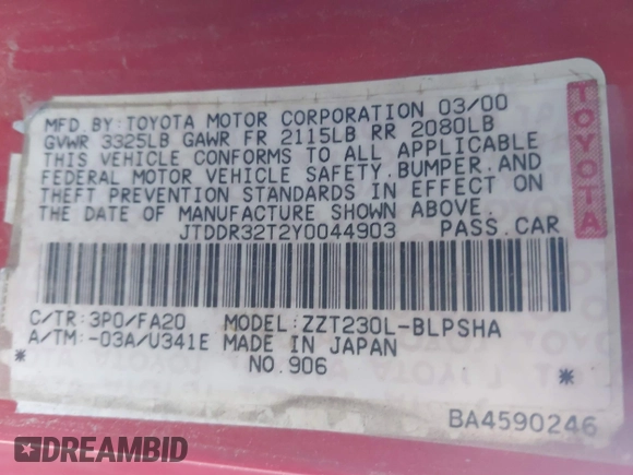 2000 Toyota Celica GT with VIN JTDDR32T2Y0044903, listed as a IAAI auction lot 41503556 with 164,988 mi miles and . Bid and sale history available at DreamBid. Image 9.