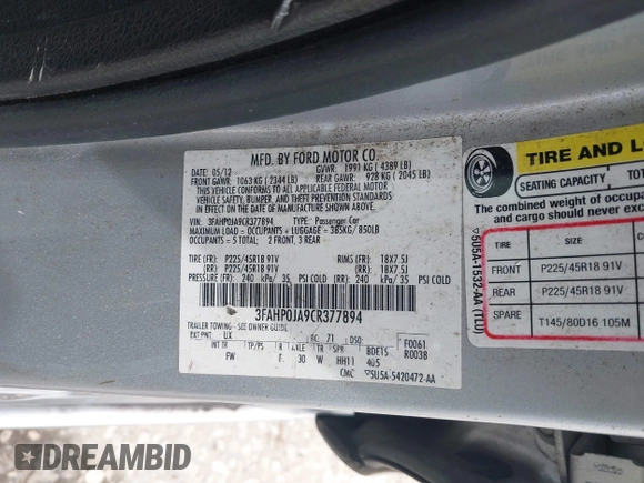 2012 Ford Fusion SEL with VIN 3FAHP0JA9CR377894, listed as a IAAI auction lot 42564367 with 166,540 mi miles and . Bid and sale history available at DreamBid. Image 9.