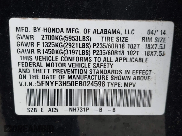 2014 Honda Pilot EX-L with VIN 5FNYF3H50EB024598, listed as a IAAI auction lot 40864689 with 159,078 mi miles and . Bid and sale history available at DreamBid. Image 9.