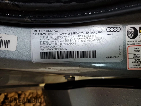 2013 Audi A6 Prestige with VIN WAUJGAFC9DN060792, listed as a Copart auction lot 58141305 with 129,735 mi miles and Salvage title. Bid and sale history available at DreamBid. Image 12.