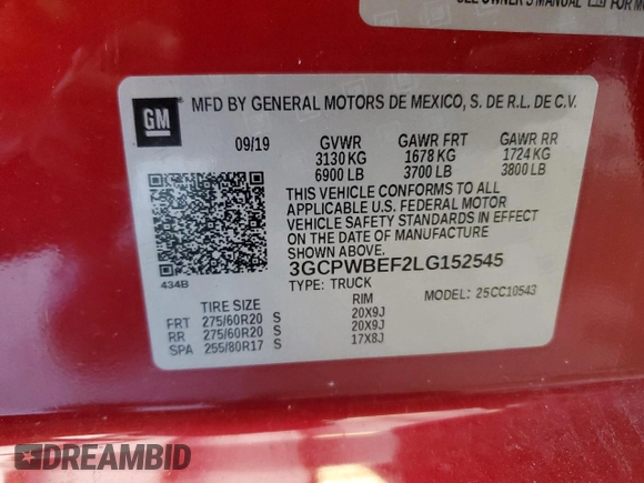 2020 Chevrolet Silverado 1500 Custom with VIN 3GCPWBEF2LG152545, listed as a Copart auction lot 50249955 with 96,417 mi miles and Salvage Title. Bid and sale history available at carsss.com. Image 12.