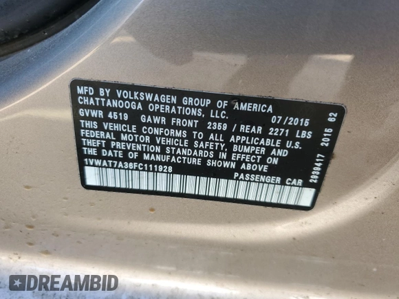 2015 Volkswagen Passat Limited Edition Edition z VIN 1VWAT7A36FC111928, wystawiony jako Copart lot #46325855 z przebiegiem 149 482 mil mil oraz Czysty tytuł • Clean title. Historia ofert i sprzedaży dostępna na DreamBid. Obrazek 12.