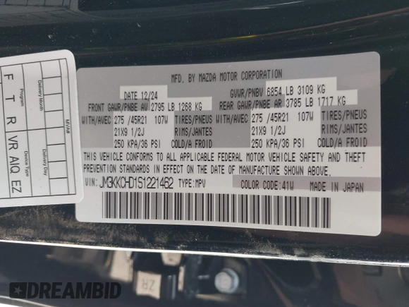 2025 Mazda CX-90 Premium Sport z VIN JM3KKCHD1S1221462, wystawiony jako IAAI lot #41765034 z przebiegiem Nie podano mil oraz . Historia ofert i sprzedaży dostępna na DreamBid. Obrazek 9.