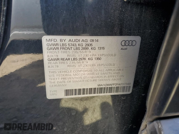 2015 Audi Q5 Premium Plus with VIN WA1CMAFP2FA037348, listed as a Copart auction lot 54729095 with 94,549 mi miles and Salvage title. Bid and sale history available at DreamBid. Image 13.