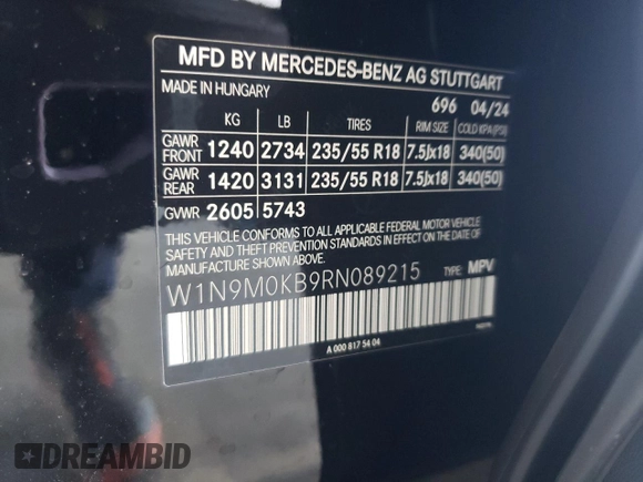 2024 Mercedes-Benz EQB 300 z VIN W1N9M0KB9RN089215, wystawiony jako Copart lot #56659835 z przebiegiem Nie podano mil oraz Szkoda całkowita • Salvage title. Historia ofert i sprzedaży dostępna na DreamBid. Obrazek 13.