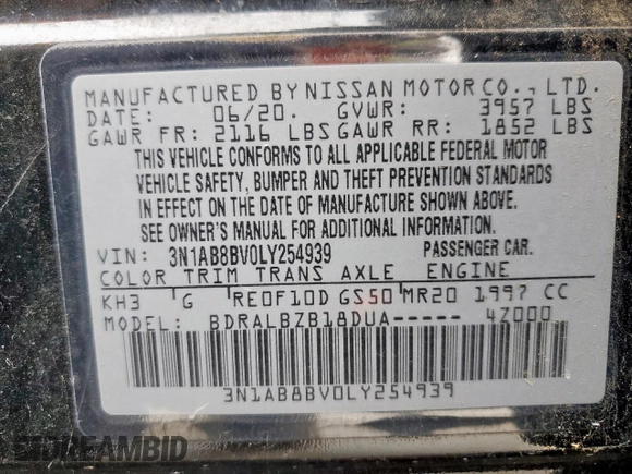 2020 Nissan Sentra S z VIN 3N1AB8BV0LY254939, wystawiony jako Copart lot #55140465 z przebiegiem 66 049 mil mil oraz Szkoda całkowita • Salvage title. Historia ofert i sprzedaży dostępna na DreamBid. Obrazek 12.