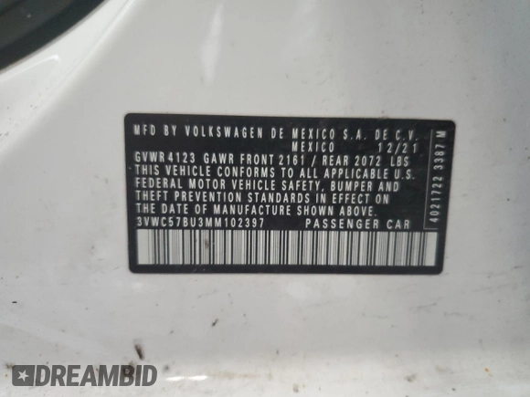 2021 Volkswagen Jetta S с VIN 3VWC57BU3MM102397, выставлен на аукционе Copart как лот 62029715 с пробегом 68 509 миль миль и На запчасти • Non repairable. История ставок и продаж доступна на DreamBid. Изображение 12.
