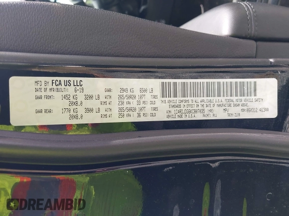 2019 Dodge Durango GT Plus with VIN 1C4RDJDG6KC807035, listed as a IAAI auction lot 42287477 with 62,752 mi miles and . Bid and sale history available at DreamBid. Image 9.