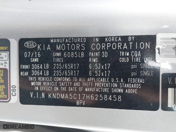 2017 Kia Sedona L with VIN KNDMA5C17H6258458, listed as a IAAI auction lot 41701560 with 93,232 mi miles. Bid and sale history available at carsss.com. Image 9.