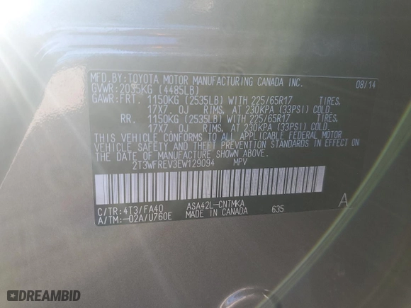 2014 Toyota RAV4 XLE with VIN 2T3WFREV3EW129094, listed as a Copart auction lot 41644975 with 138,291 mi miles and Salvage Title. Bid and sale history available at carsss.com. Image 12.