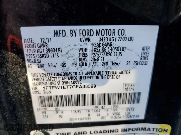 2012 Ford F-150 XL with VIN 1FTFW1ET7CFA38599, listed as a Copart auction lot 44308935 with 149,102 mi miles and Salvage Title. Bid and sale history available at carsss.com. Image 12.