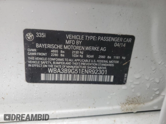 2014 BMW 3 Series 335i xDrive with VIN WBA3B9G51ENR92301, listed as a Copart auction lot 58296885 with 81,988 mi miles and Salvage title. Bid and sale history available at DreamBid. Image 12.