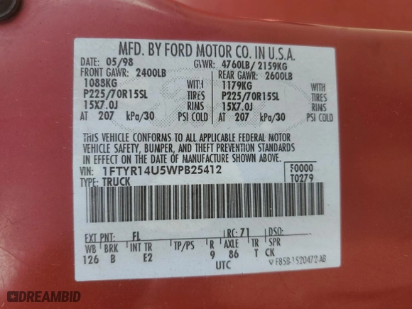 1998 Ford Ranger XL with VIN 1FTYR14U5WPB25412, listed as a Copart auction lot 46083185 with 291,710 mi miles and Salvage Title. Bid and sale history available at carsss.com. Image 14.