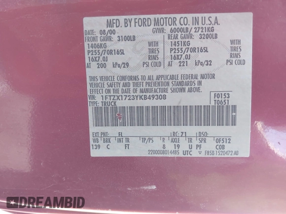 2000 Ford F-150 XL with VIN 1FTZX1723YKB49308, listed as a IAAI auction lot 41987680 with 1 mi miles. Bid and sale history available at carsss.com. Image 9.