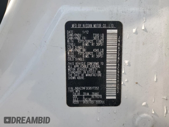 2012 Infiniti QX56 7-passenger with VIN JN8AZ2NF3C9517252, listed as a Copart auction lot 58743455 with 136,627 mi miles and Clean title. Bid and sale history available at DreamBid. Image 14.