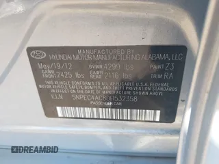 2013 Hyundai Sonata Limited with VIN 5NPEC4AC8DH532358, listed as a IAAI auction lot 41189414 with 61,069 mi miles and . Bid and sale history available at DreamBid. Image 9.
