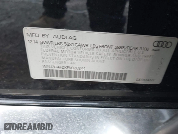 2015 Audi A8 3.0T with VIN WAU3GAFDXFN028244, listed as a IAAI auction lot 41791578 with 149,770 mi miles and . Bid and sale history available at DreamBid. Image 9.
