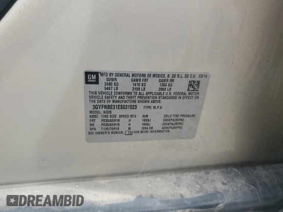 2014 Cadillac SRX Luxury Collection with VIN 3GYFNBE31ES631523, listed as a Copart auction lot 49661725 with 157,205 mi miles and Salvage Title. Bid and sale history available at DreamBid. Image 14.