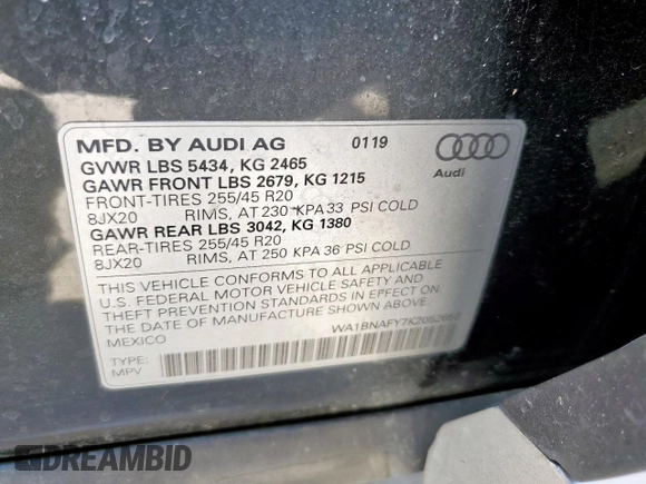 2019 Audi Q5 Premium Plus with VIN WA1BNAFY7K2052658, listed as a Copart auction lot 54954325 with 19,591 mi miles and Salvage title. Bid and sale history available at DreamBid. Image 14.