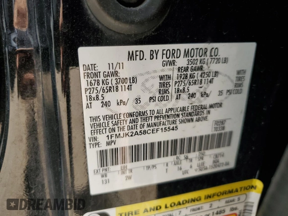 2012 Ford Expedition Max Limited with VIN 1FMJK2A58CEF15545, listed as a Copart auction lot 50229675 with 186,828 mi miles and Salvage title. Bid and sale history available at DreamBid. Image 12.