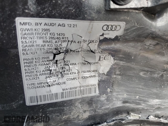 2022 Audi Q7 Komfort with VIN WA1BXBF78ND007843, listed as a Copart auction lot 77568464 with 44,041 mi miles and Salvage Title. Bid and sale history available at carsss.com. Image 13.