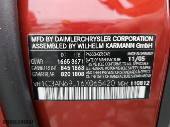 2006 Chrysler Crossfire Limited with VIN 1C3AN69L16X065420, listed as a Copart auction lot 73589644 with 64,283 mi miles and Salvage Title. Bid and sale history available at carsss.com. Image 13.