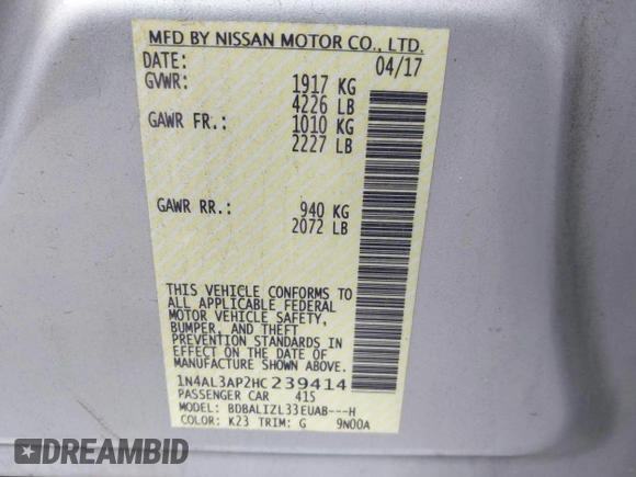 2017 Nissan Altima S z VIN 1N4AL3AP2HC239414, wystawiony jako IAAI lot #42300339 z przebiegiem 98 643 mil mil oraz . Historia ofert i sprzedaży dostępna na DreamBid. Obrazek 9.