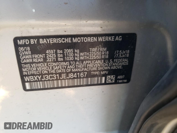 2018 BMW X2 sDrive28i with VIN WBXYJ3C31JEJ84167, listed as a Copart auction lot 45643485 with 63,400 mi miles and Salvage Title. Bid and sale history available at carsss.com. Image 14.
