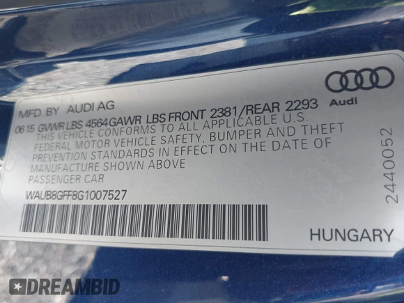 2016 Audi A3 Premium with VIN WAUB8GFF8G1007527, listed as a IAAI auction lot 42022398 with 105,118 mi miles and . Bid and sale history available at DreamBid. Image 9.