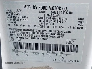 2022 Ford Transit Connect XL with VIN NM0LS7S78N1517636, listed as a IAAI auction lot 41457752 with 36,895 mi miles and . Bid and sale history available at DreamBid. Image 9.