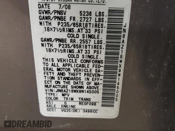 2009 Nissan Murano S with VIN JN8AZ18WX9W145005, listed as a Copart auction lot 54900095 with 188,507 mi miles and Clean Title. Bid and sale history available at carsss.com. Image 13.