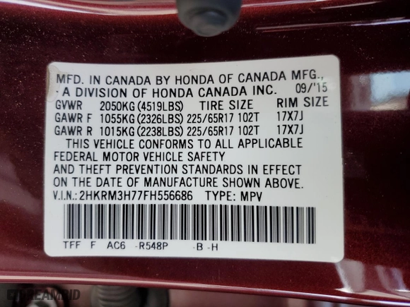 2015 Honda CR-V EX-L with VIN 2HKRM3H77FH556686, listed as a Copart auction lot 51597205 with 80,602 mi miles and Salvage Title. Bid and sale history available at carsss.com. Image 13.