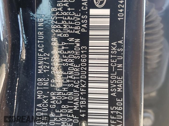2013 Toyota Camry L with VIN 4T1BF1FK7DU206013, listed as a Copart auction lot 88155665 with Not Provided miles and Non Repairable. Bid and sale history available at DreamBid. Image 12.