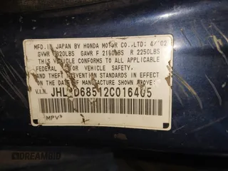 2002 Honda CR-V LX with VIN JHLRD68512C016405, listed as a IAAI auction lot 41562856 with Not Provided miles and . Bid and sale history available at DreamBid. Image 9.