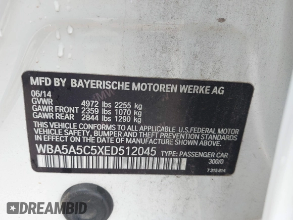 2014 BMW 5 Series 528i with VIN WBA5A5C5XED512045, listed as a IAAI auction lot 42152735 with 180,168 mi miles. Bid and sale history available at carsss.com. Image 9.