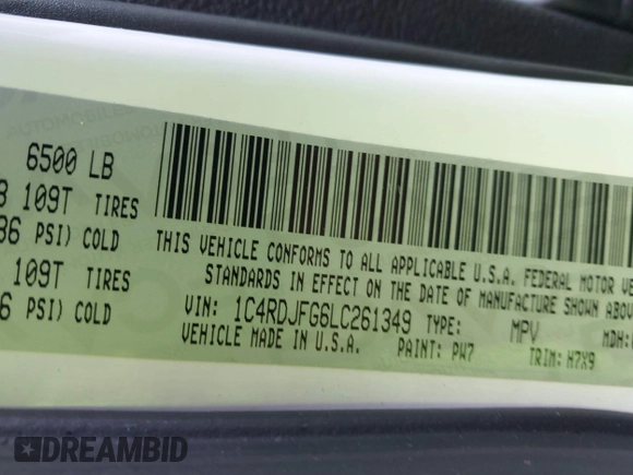2020 Dodge Durango Pursuit with VIN 1C4RDJFG6LC261349, listed as a IAAI auction lot 41727697 with 130,847 mi miles and . Bid and sale history available at DreamBid. Image 9.