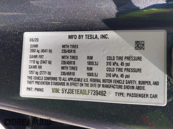 2020 Tesla Model 3 Standard Range Plus with VIN 5YJ3E1EA0LF739462, listed as a IAAI auction lot 42081889 with 65,254 mi miles. Bid and sale history available at carsss.com. Image 9.