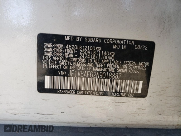2022 Subaru WRX Premium with VIN JF1VBAF62N9018882, listed as a Copart auction lot 45799875 with 26,035 mi miles and Salvage Title. Bid and sale history available at carsss.com. Image 14.