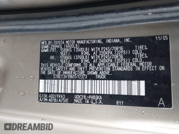 2006 Toyota Tundra SR5 with VIN 5TBET34106S512373, listed as a IAAI auction lot 41919438 with 112,699 mi miles and . Bid and sale history available at DreamBid. Image 9.