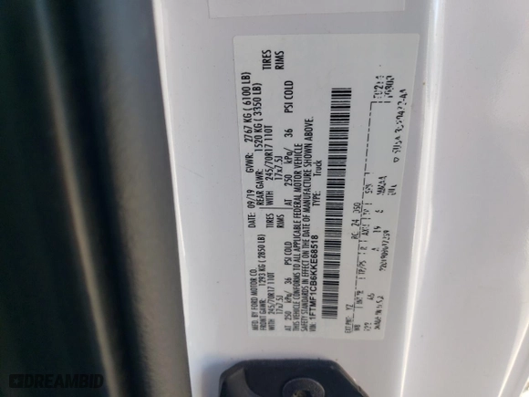 2019 Ford F-150 XL with VIN 1FTMF1CB6KKE68518, listed as a Copart auction lot 47442605 with 84,867 mi miles and Salvage Title. Bid and sale history available at carsss.com. Image 12.