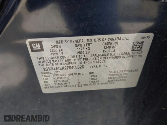 2015 GMC Terrain SLE z VIN 2GKALMEK2F6405326, wystawiony jako IAAI lot #42663692 z przebiegiem 105 268 mil mil oraz . Historia ofert i sprzedaży dostępna na DreamBid. Obrazek 9.