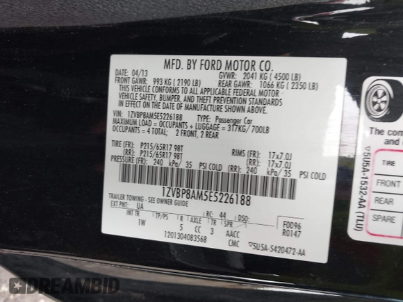 2014 Ford Mustang V6 with VIN 1ZVBP8AM5E5226188, listed as a IAAI auction lot 42181615 with 70,748 mi miles and . Bid and sale history available at carsss.com. Image 9.