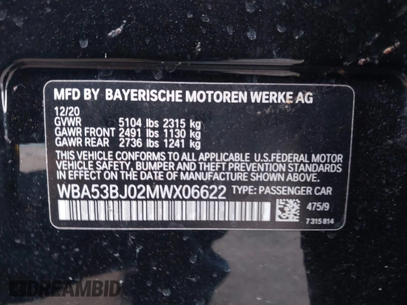 2021 BMW 5 Series 540i with VIN WBA53BJ02MWX06622, listed as a IAAI auction lot 41368197 with Not Provided miles and . Bid and sale history available at DreamBid. Image 9.