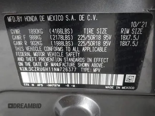 2022 Honda HR-V Sport with VIN 3CZRU6H11NM726377, listed as a IAAI auction lot 41209314 with 38,803 mi miles. Bid and sale history available at carsss.com. Image 9.