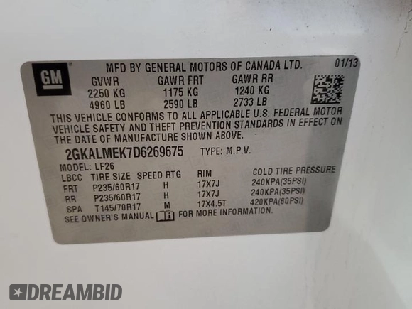 2013 GMC Terrain SLE with VIN 2GKALMEK7D6269675, listed as a Copart auction lot 77629194 with 176,977 mi miles and Salvage Title. Bid and sale history available at carsss.com. Image 13.
