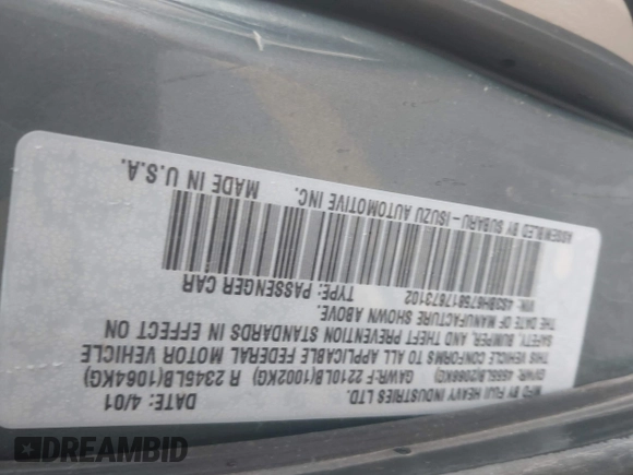 2001 Subaru Legacy Outback with VIN 4S3BH675817673102, listed as a IAAI auction lot 42257169 with Not provided miles and . Bid and sale history available at DreamBid. Image 9.