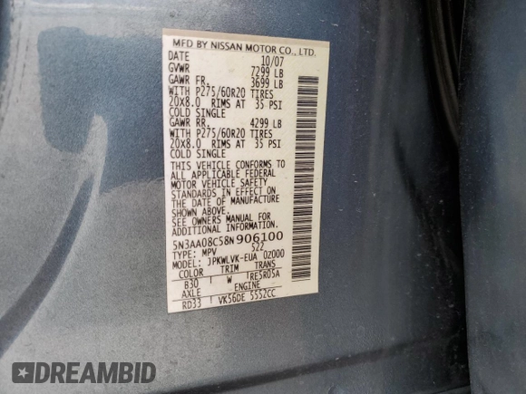 2008 Infiniti QX56 with VIN 5N3AA08C58N906100, listed as a Copart auction lot 51782595 with 268,502 mi miles and Salvage Title. Bid and sale history available at DreamBid. Image 15.